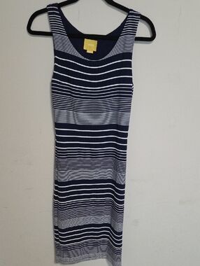 Maeve Navy and White Striped Sleeveless Midi Dress